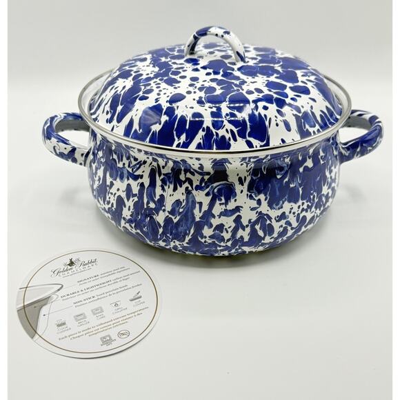 GOLDEN RABBIT Pot Blue & White 2.5 Quart Dutch Oven Cobalt Swirl Enamelware New - Picture 1 of 3